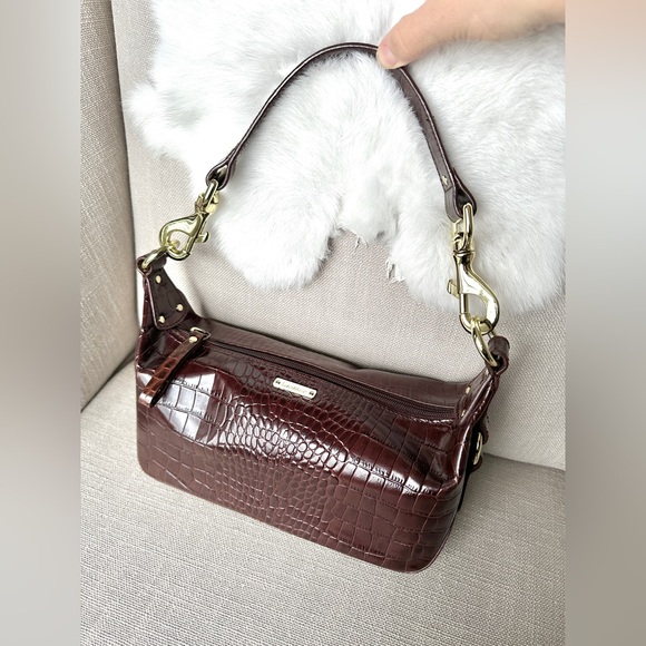 VTG 90s Y2K Ralph Lauren Cognac Crock Embossed Leather Baguette Purse Shoulder - Picture 2 of 16